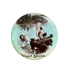 Vintage Celluloid Pocket Mirror “A Quiet Stream” Kid Peeing Off Dock