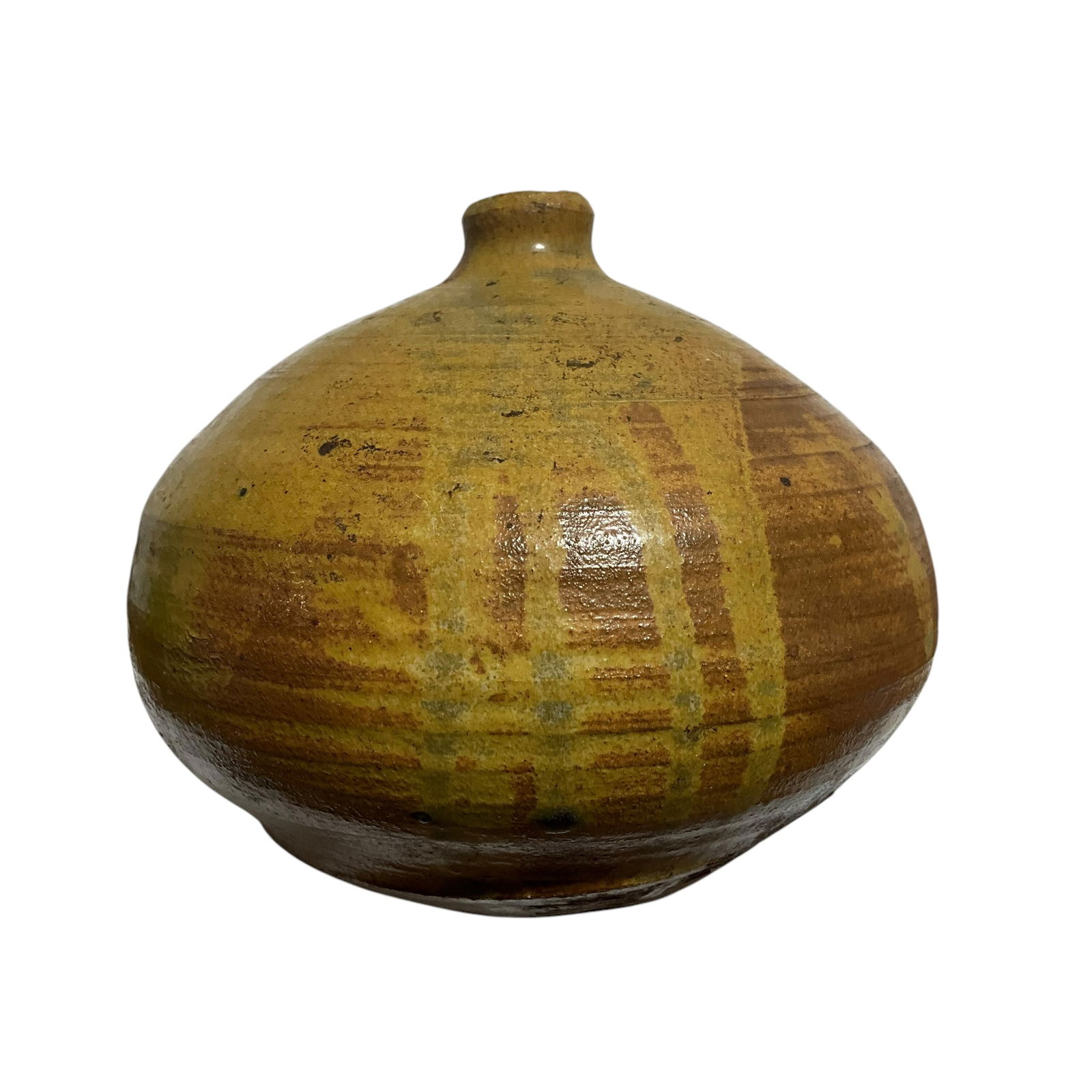 Handmade Pottery Vessel With Unknown Maker Marks: 4 inches tall. Chips around lip. Markings on bottom. See photos.