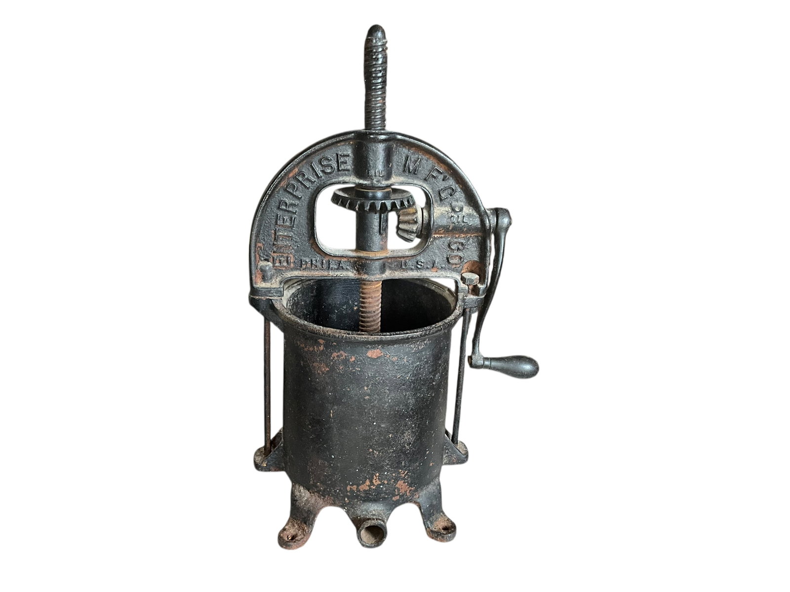 Antique Enterprise Manufacturing Wine Press: Good Condition. Model 2092. Minor blemishes for its age. Constructed of Cast Iron. 24” tall and 12 1/2” at widest point.