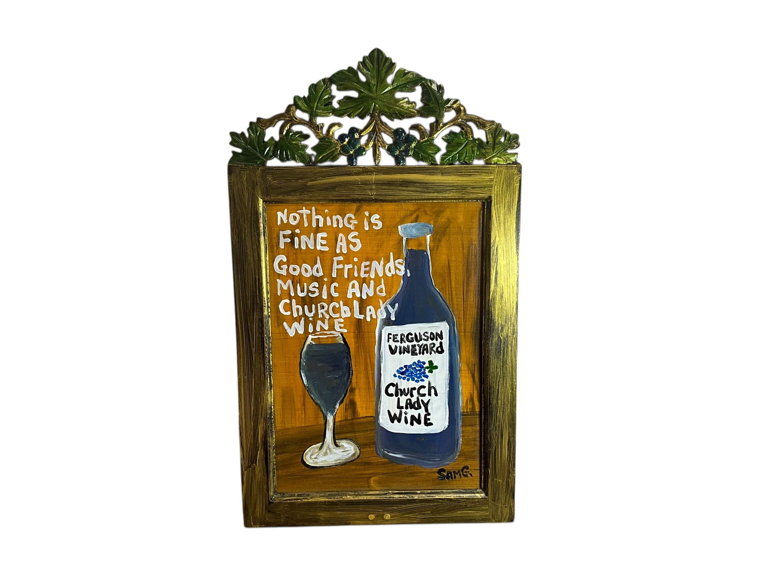 Sam Granger Folk Art “Church Lady Wine” Signed by Artist 12/19/2013: Excellent condition. 21 1/2” tall approximately 13” wide..