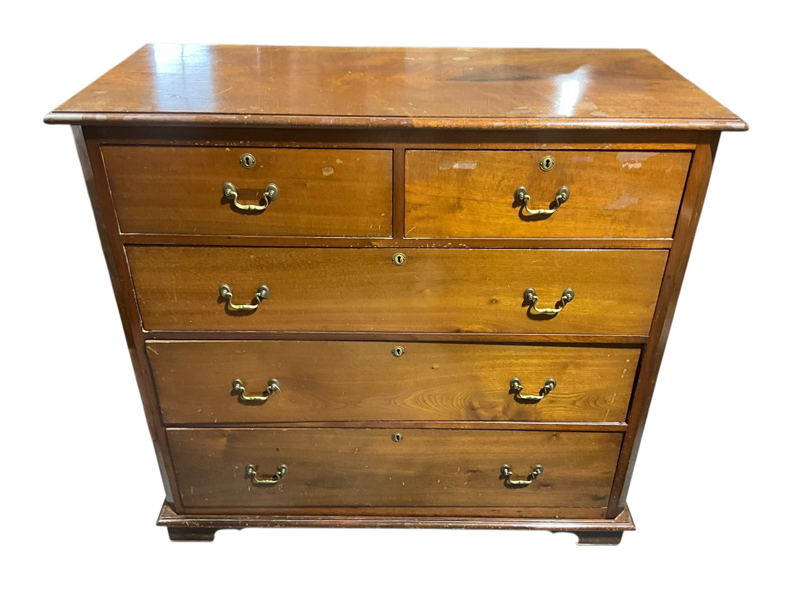 Georgian Style Chest of Drawers: Needs refinishing. No keys included and locking mechanisms have been taken out. Measures 44" x 47" x 21".