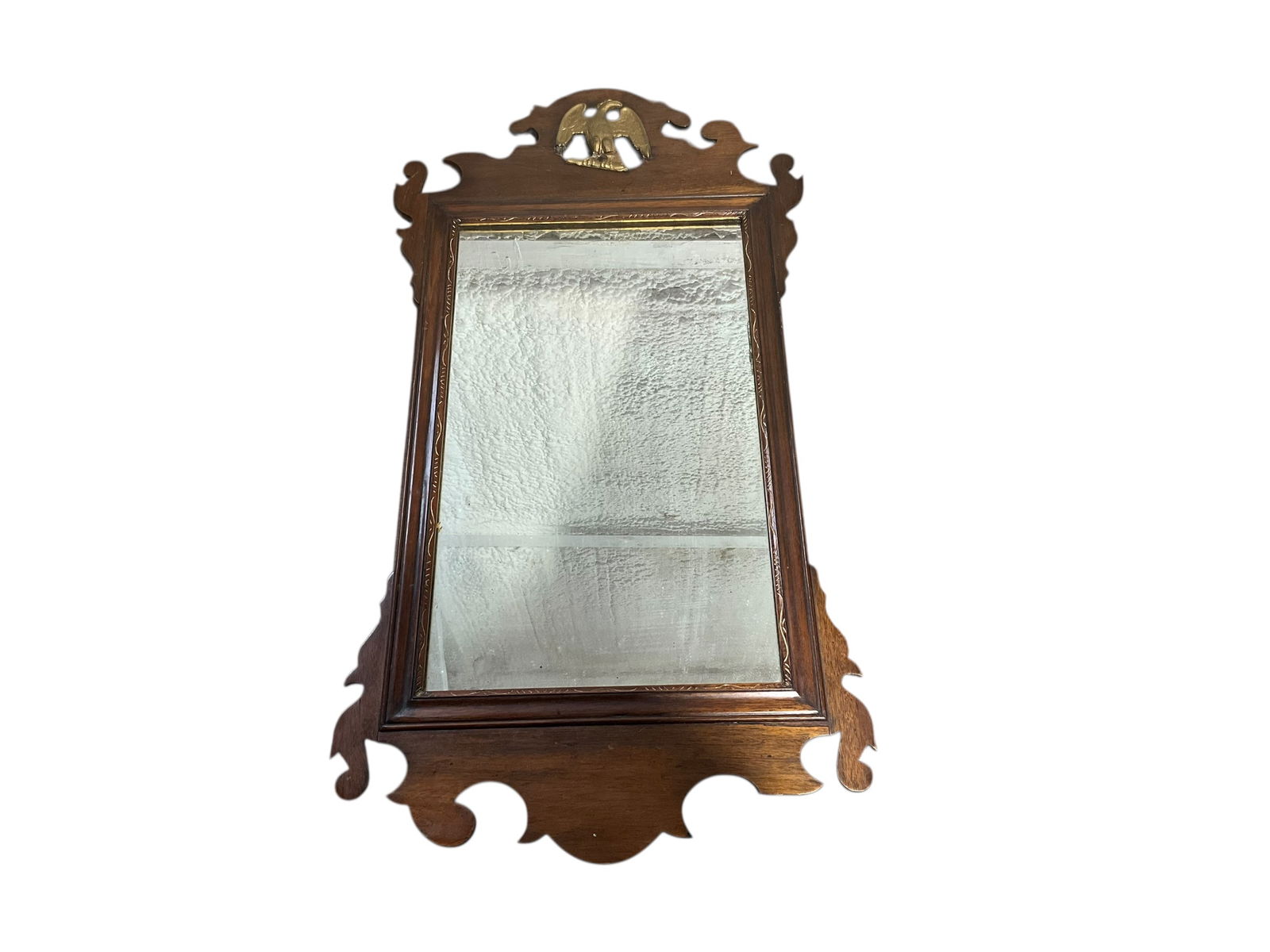 Antique Wood Mirror with Gold Carved Eagle: Portion of the top has been repaired. Mirror measures 33 inches by 17 inches.