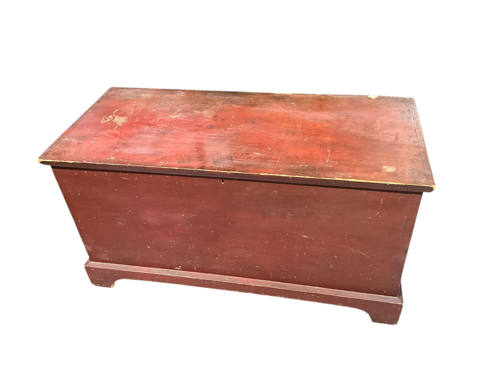 Original Red Paint Blanket Chest: Originally purchased in Ohio. Great condition. Top is not attached but comes with original hardware. Measures 23.5 inches tall 43.5 inches by 19.25 inches.