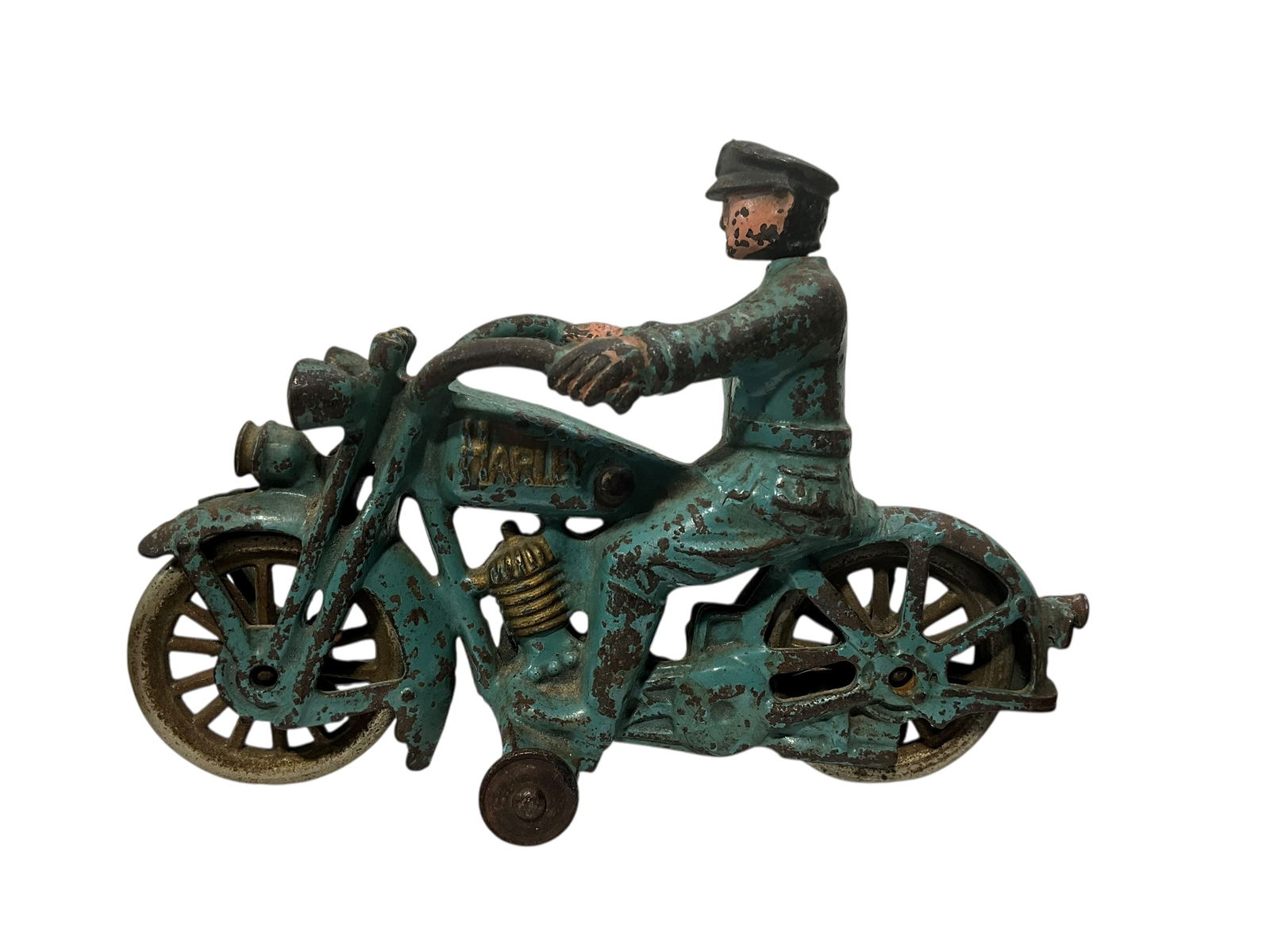 Vintage Cast Iron HARLEY DAVIDSON Motorcycle With Moveable Head: Used condition. Signs of paint loss. THIS IS NOT A REPRODUCTION. Great patina with moveable head. 7 1/4 inches long.