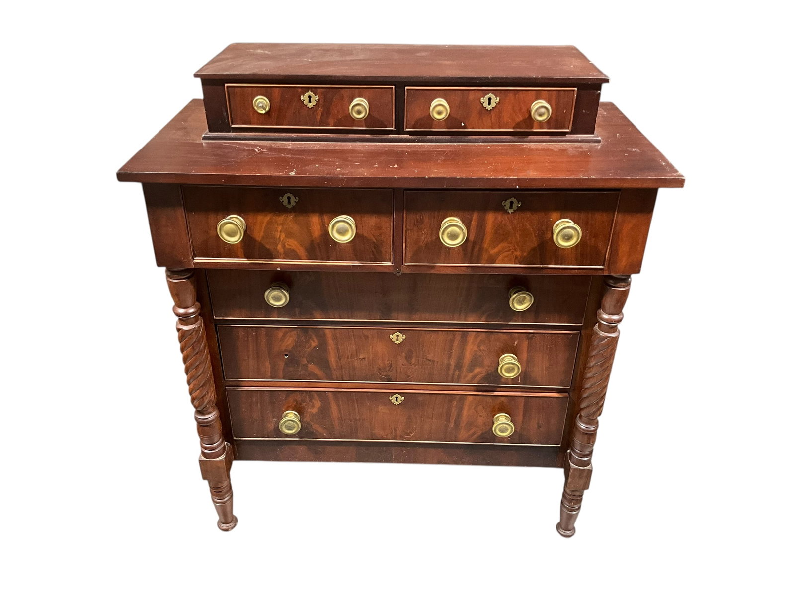 Federal Mahogany 5 Drawer Chest With Glove Drawers & Turned Column Sides: Some blemishes. Knobs need some attention. Still a cool piece. 40 7/8 inches wide x 19 3/4 inches deep x 46 inches tall.