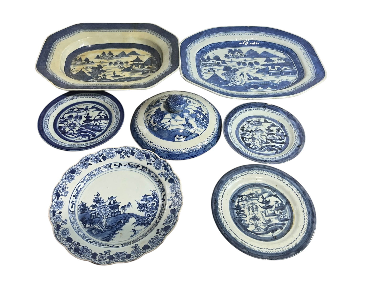 Vintage Chinese Export Porcelain Lot of 7: Great set of antique Canton Export Porcelain. Includes 2 platters 1st platter measures 14 1/2” Long x 12” Wide, 2nd platter measures approximately 13” Long x approximately 11”