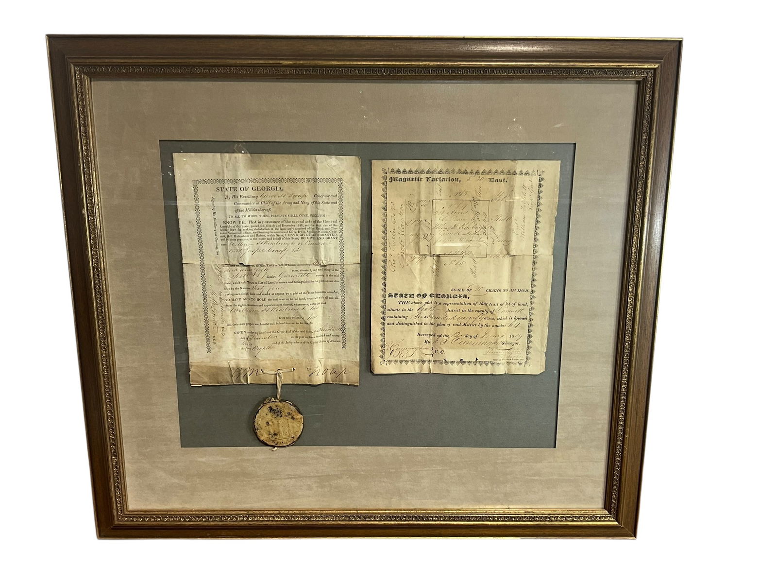 Year 1823 Gwinnett County Land Deed & Survey Dated 1819 Framed (1 of 3)