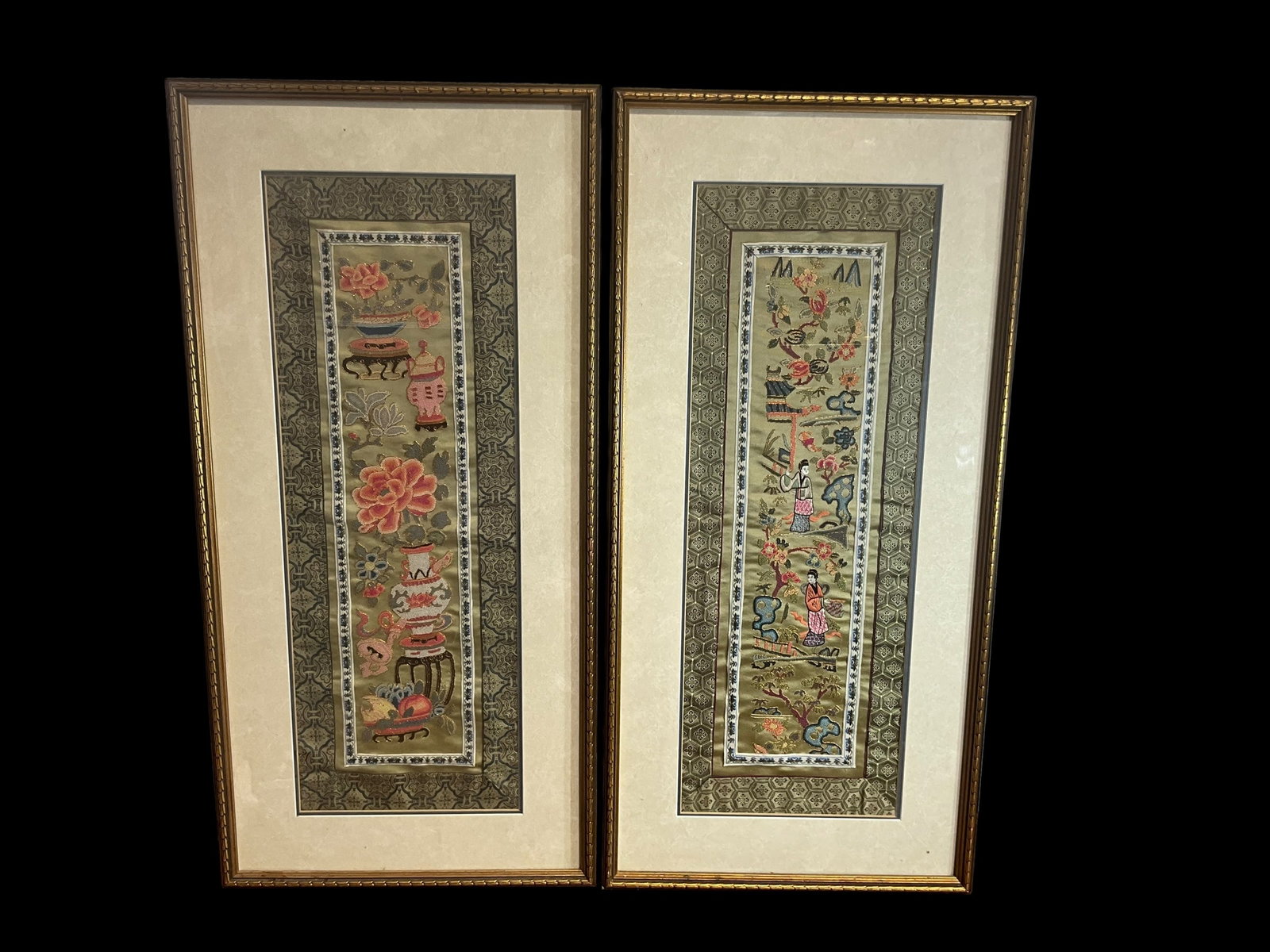 Pair Chinese Silk Embroidered Textile Panels (1 of 3)