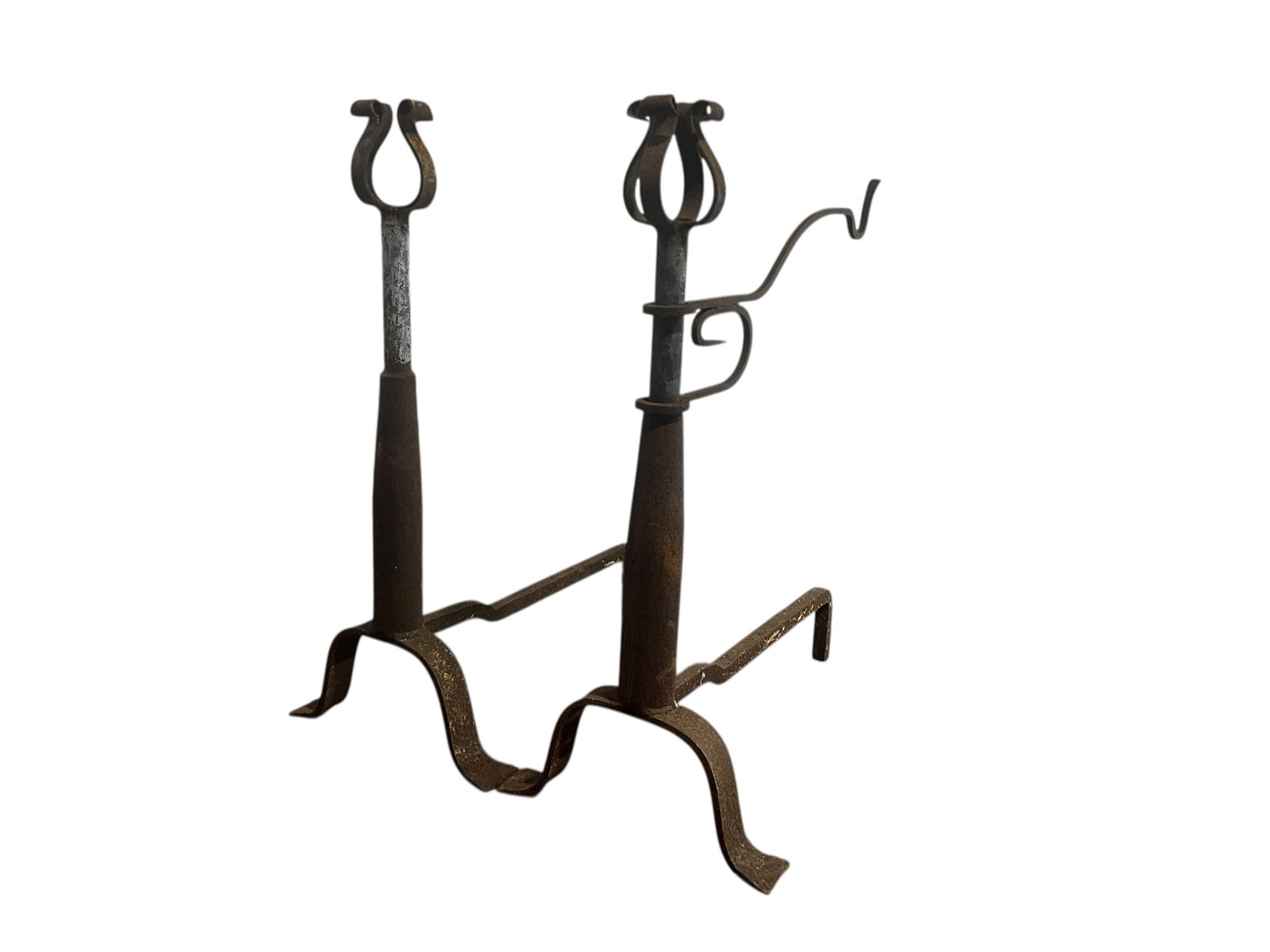 Antique Metal Andirons With Swivel Cookpot Handle: Each measures 19 inches deep x 11 inches wide. 25 inches tall.