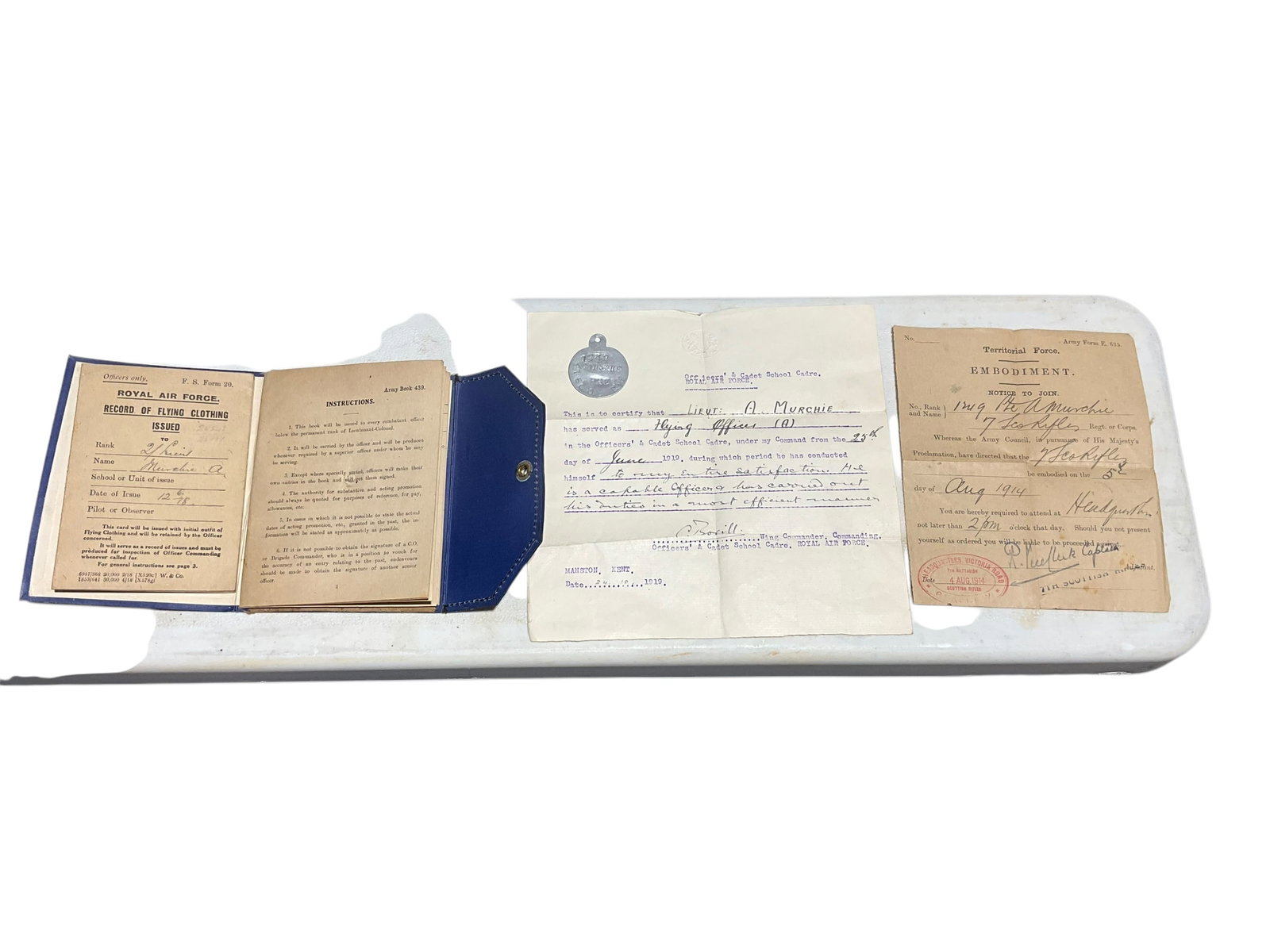 WWI Scottish Rifle Tag + Royal Air Force Papers A. Murchie: See photos.