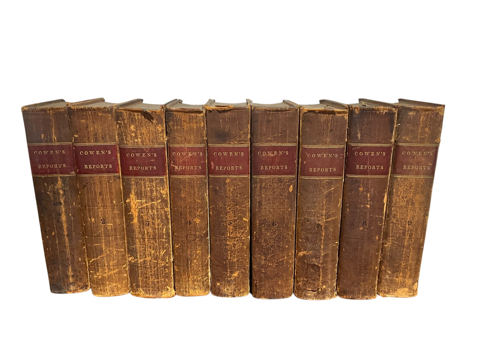 Lot Of 9 COWEN’S REPORTS 1830-37 New York Supreme Court Books Esek Cowen: Set of 9 Leather cover Law books titled Cowen’s Reports. Volumes 1-9. All books are well worn showing signs of age. See photos.
