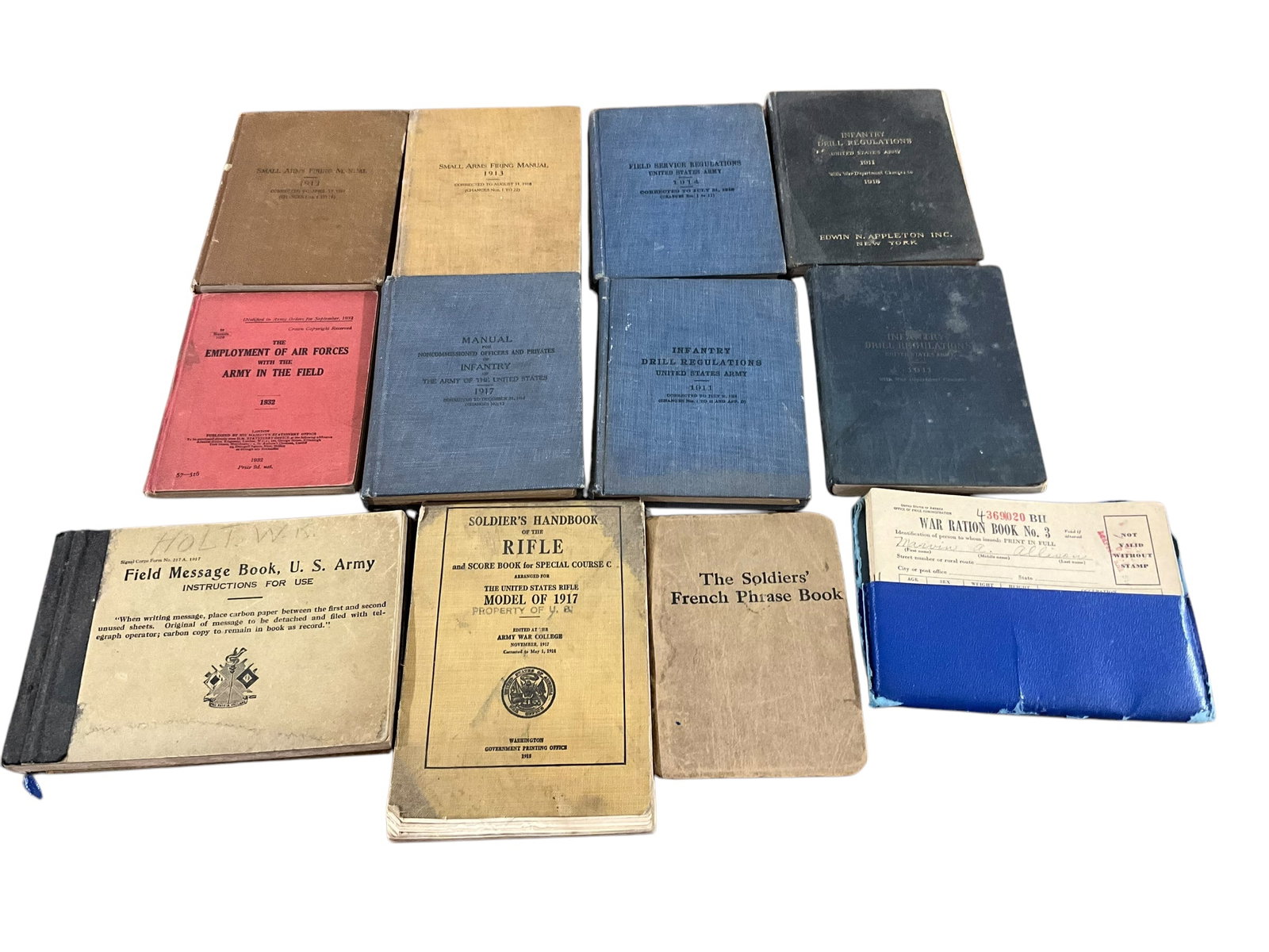Vintage Soldier Handbooks & War Rations: 1) Six War Rations Books2) The Soldiers' French Phrase Book - 19183) Soldier's Handbook of the Rifle - 19184) Field Message Book, U.S. Army - 19175) Infantry Drill Regulations - 19176) Infantry Drill 