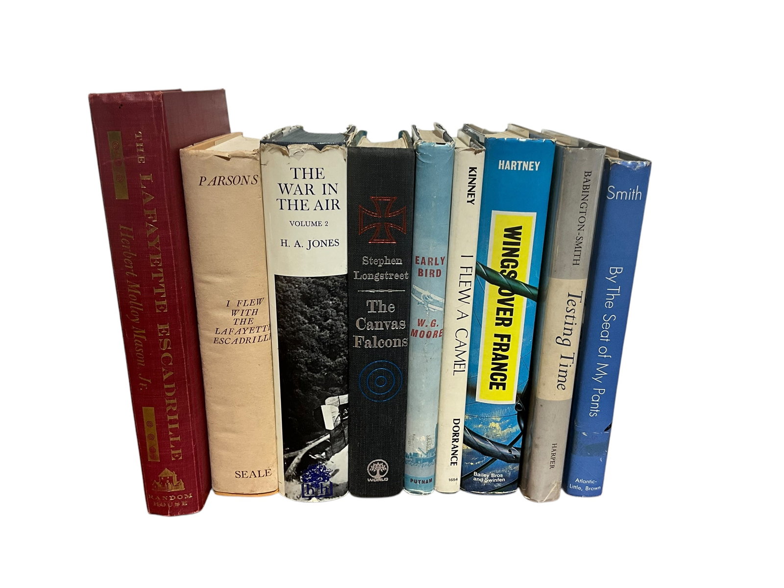 Set of 9 Books (Historical Aviation) Copyrights from 1960’s to 1970’s: Good Condition. Hard Backs. Includes the following titles:The Lafayette Escadrille by Herbert Molly Mason, Jr.,I Flew With The Lafayette Escadrille by Edwin C. Parsons,The War In The Air by H.A. Jones