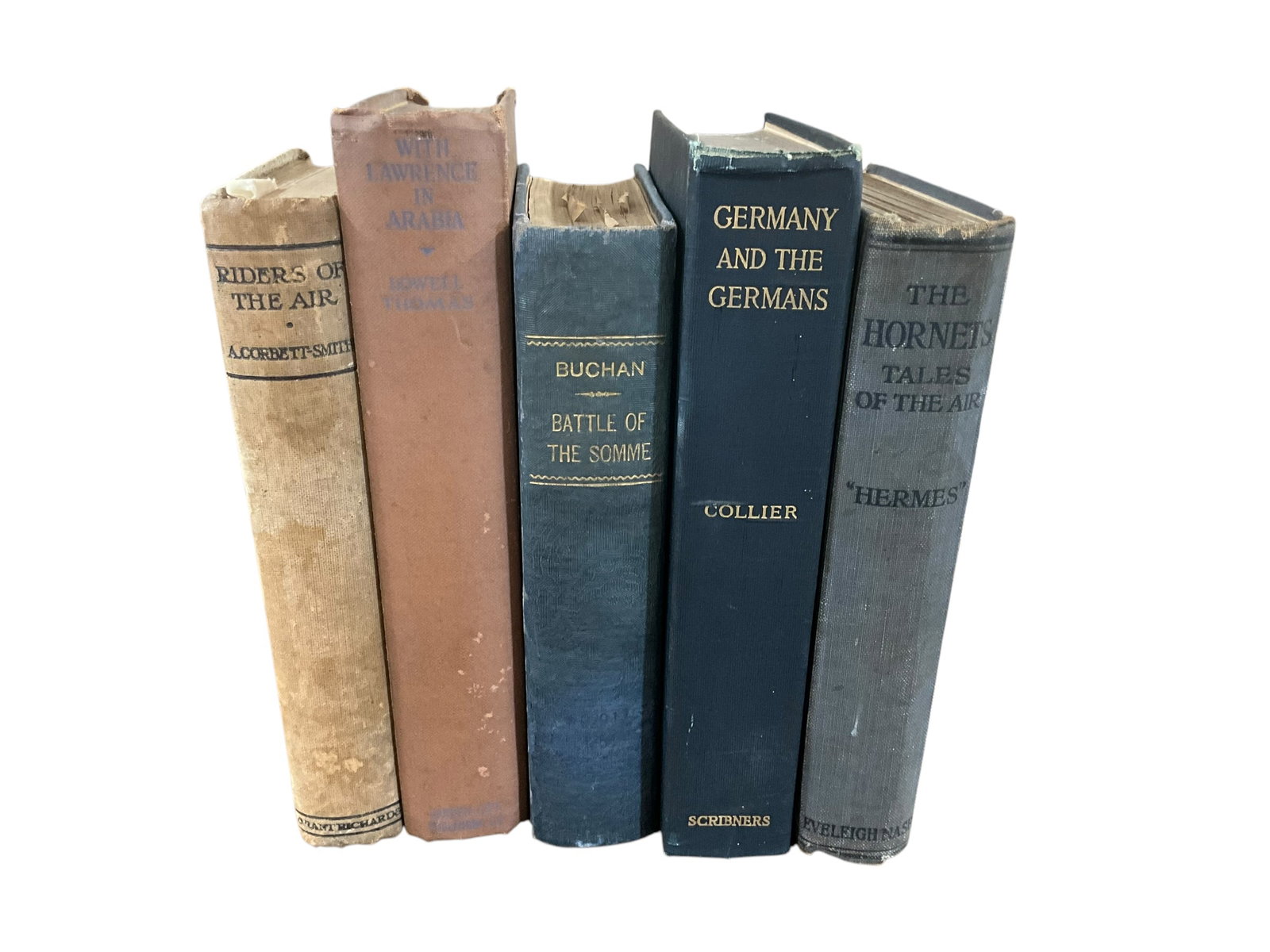 Set of 5 Books (Historical Aviation) Copyrights from 1900 - 1930’s: Good Condition. Hardback books. Includes the following titles: The Hornets Tales of the Air by Hermes,Riders of the Air by A. Corbett-Smith,With Lawrence in Arabia by Lowell Thomas,The Battle of the S