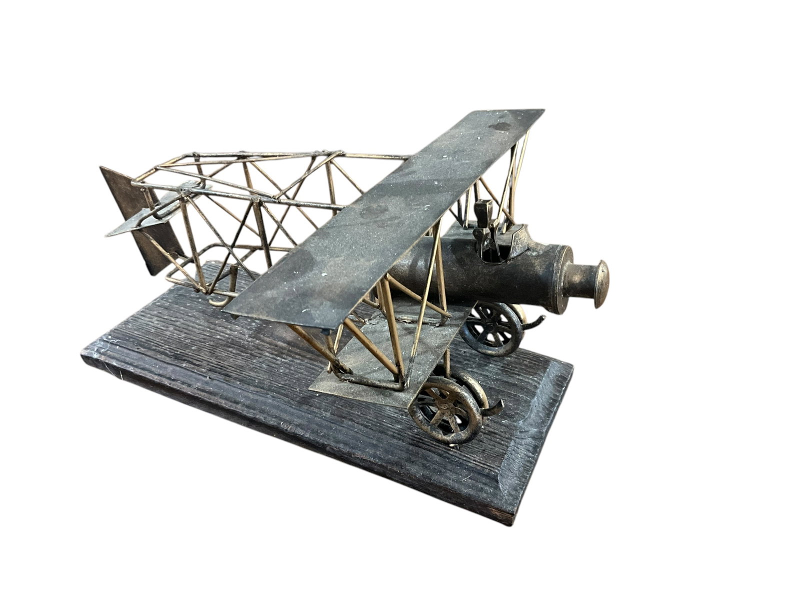 Metal Bi Plane Airplane Art Sculpture On Board / Made In Spain: Airplane Measures 12 inches long x 10 inches wide.