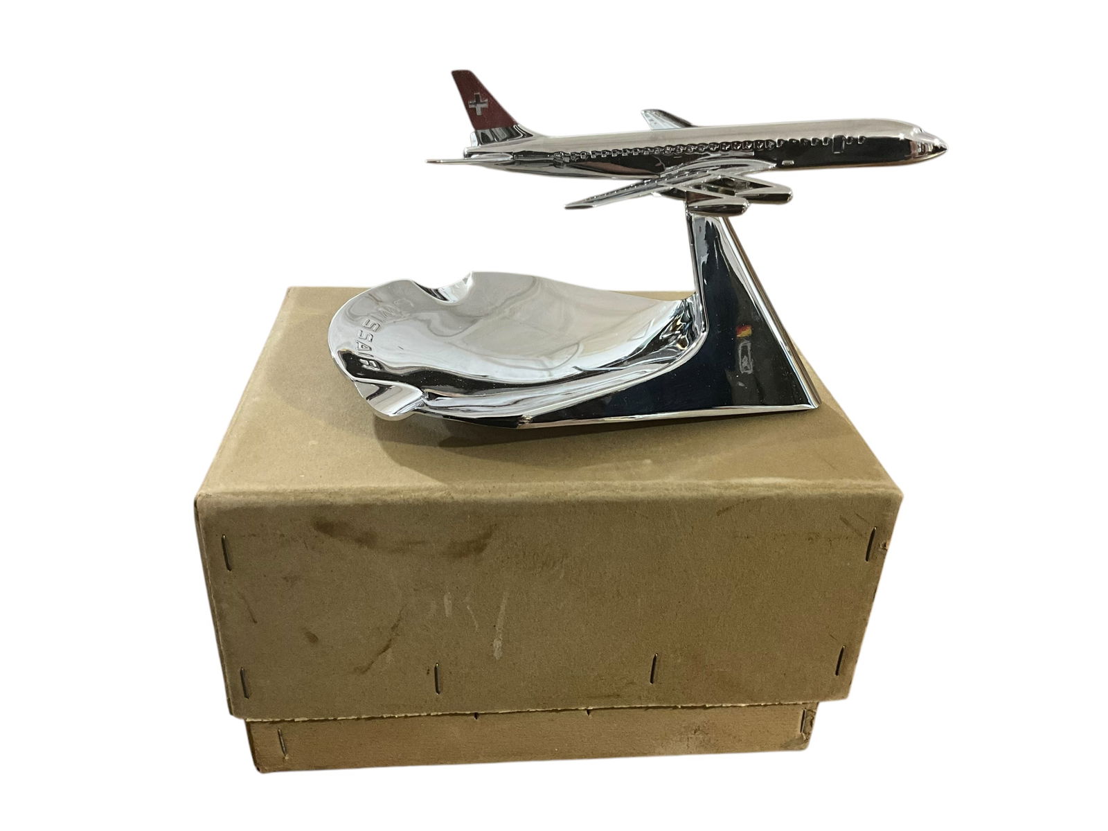 Vintage Chrome DC8 Airplane Ashtray Swiss Air On Moveable Base Buhler 6491 MCM (1 of 5)