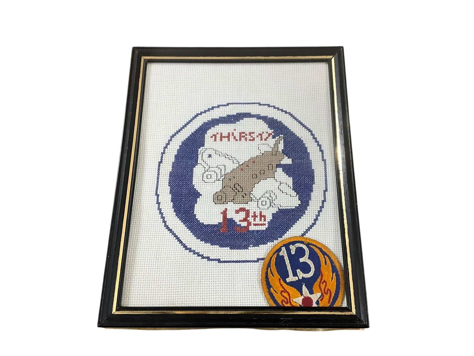 Thirsty 13th Cross Stitch + Patch + 1944 Christmas Bulletin: See photos. Bulletin has damage.