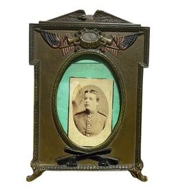 WWI Patriotic Cast Iron Picture Frame With Fold Out Leg