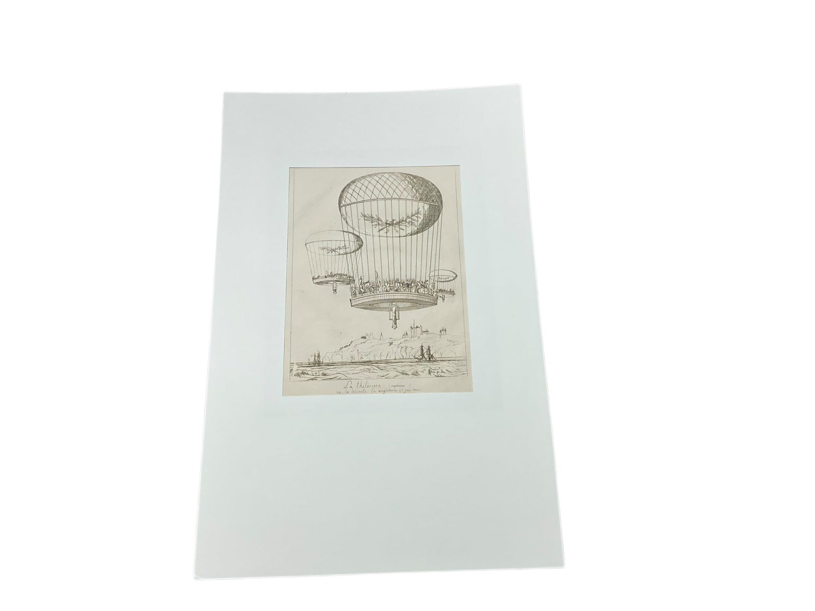'La Thiloriere' 1803 Matted Engraving: 19th century French project also known as 'Descent into England' involved a large hot air balloon which was supposed to carry a large number of soldiers for an invasion of England during Napolean's ti