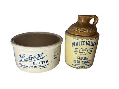 Lambrecht Butter & Platte Valley Whiskey Jug: Both pieces in mint condition. Butter bowl stands 3 inches tall and 5.5 inches wide. Platte Valley stands 5.75 inches tall.