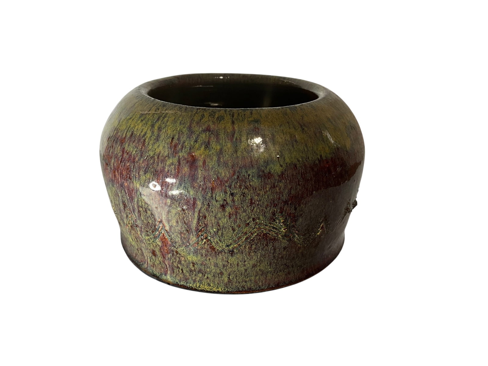 Jonathan Corn Pottery Bowl: Mint condition. Jonathan is the son of Master Potter Roger Corn. Incised decorations around. Signed and dated 6/99 on bottom. Stands 3.5 inches tall by 5.25 inches wide.