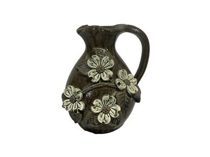 Dwayne Crocker Flower Decorated Pitcher: Mint condition. Beautiful applied flowers. Signed and dated 9-12-2000 on bottom. Stands 6.5 inches tall.