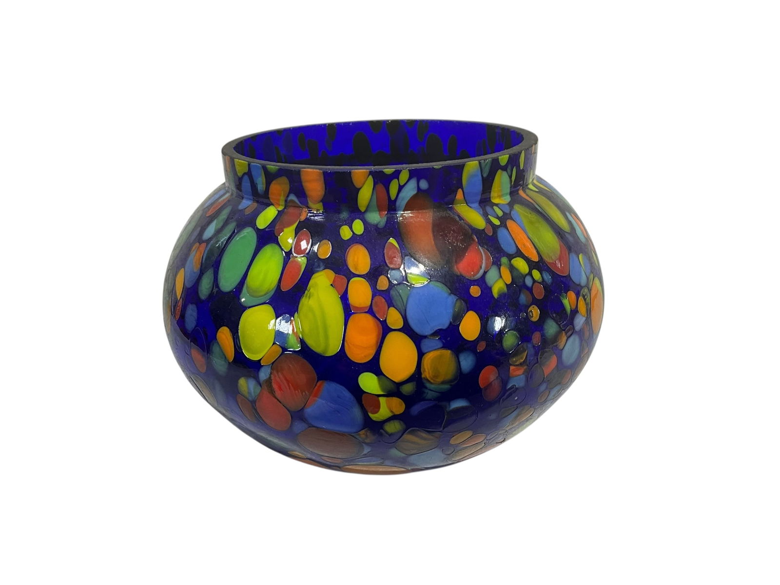 Vintage Czechoslovakian Blue Art Glass Multicolor Bowl Vase (1 of 3)