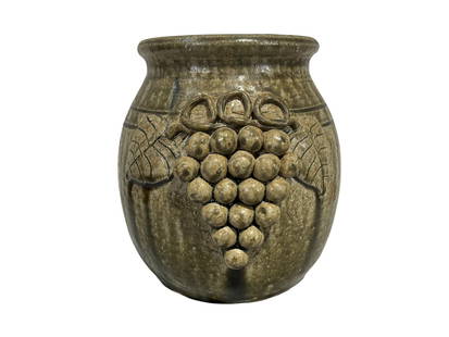 John Meaders Grape Decorated Jar: Mint condition. Grape cluster on both sides. Signed on bottom. Stands 6.5 inches