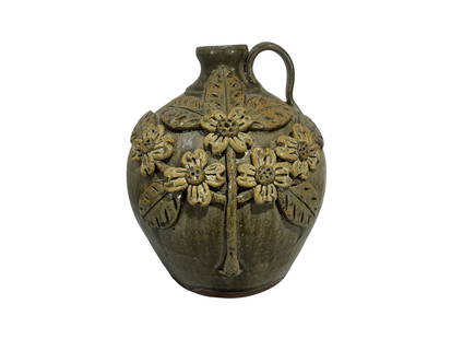 Michael & Pauline Crocker Floral Decorated Jug: Mint condition. Signed and dated 1996 on bottom. Excellent applied floral decorations. Stands 7 inches tall.