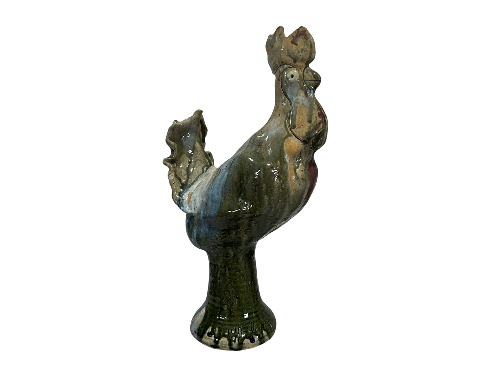 Monumental W.A. Flowers Rooster: Pictures don't do this piece justice. A huge bird from Bill Flowers. Signed at base. Firing crack on wattle approximately 3 inches. As fired condition. This birds stands a whopping 22 inches tall.