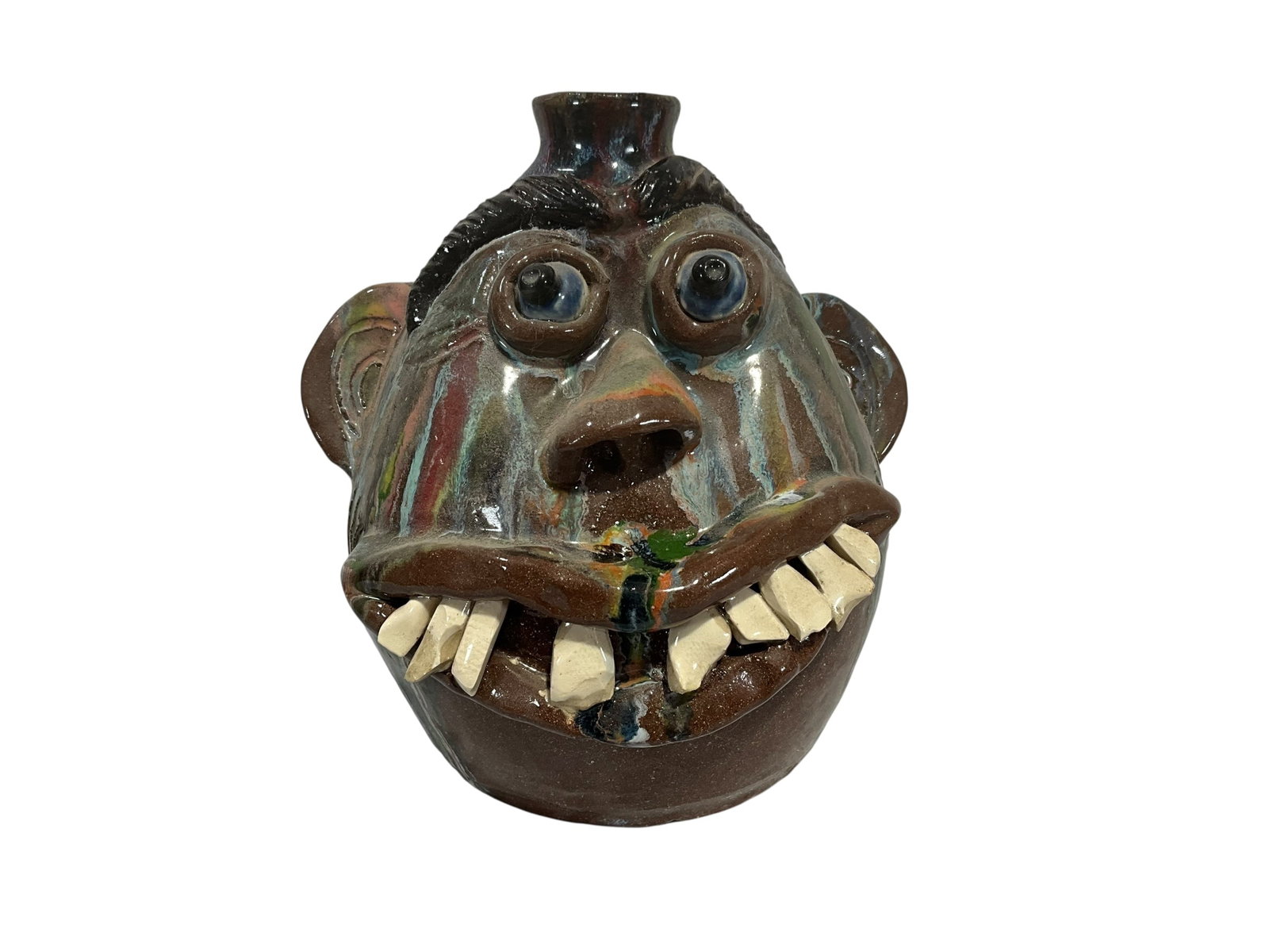 Bo Thomspon Face Jug: Mint Condition. Great multi color glaze with crazy teeth. Signed and dated 2013 on bottom. Stands 7.5 inches.