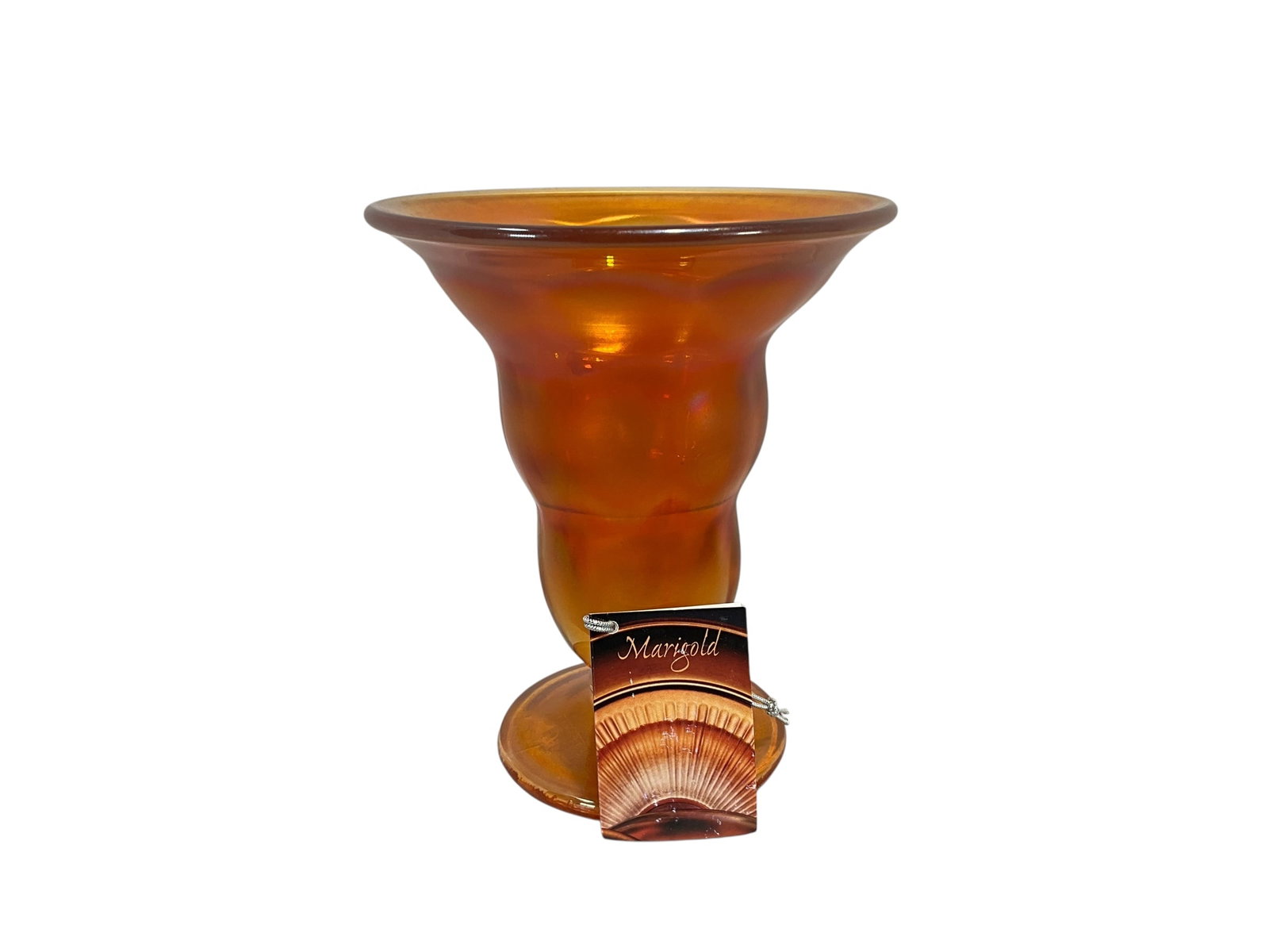 Fenton Marigold 100 Years Carnival Glass Vase: Mint condition. Original box included. Item measures 6.75 inches tall and 5.5 inches in diameter at its widest.