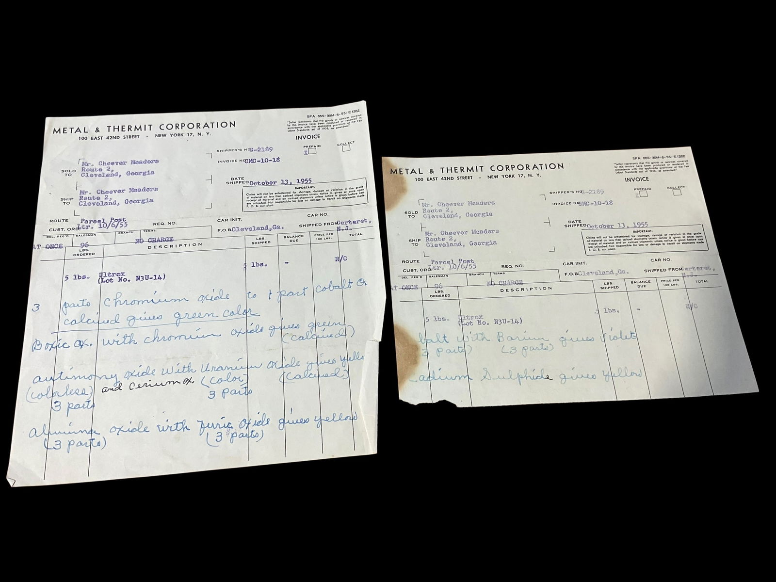 Two Cheever Meaders Receipts - 1955: Two copies of the same receipt from the Metal & Thermit Corporation out of New York. Addressed to Mr. Cheever Meaders dated Octover 13th, 1955.