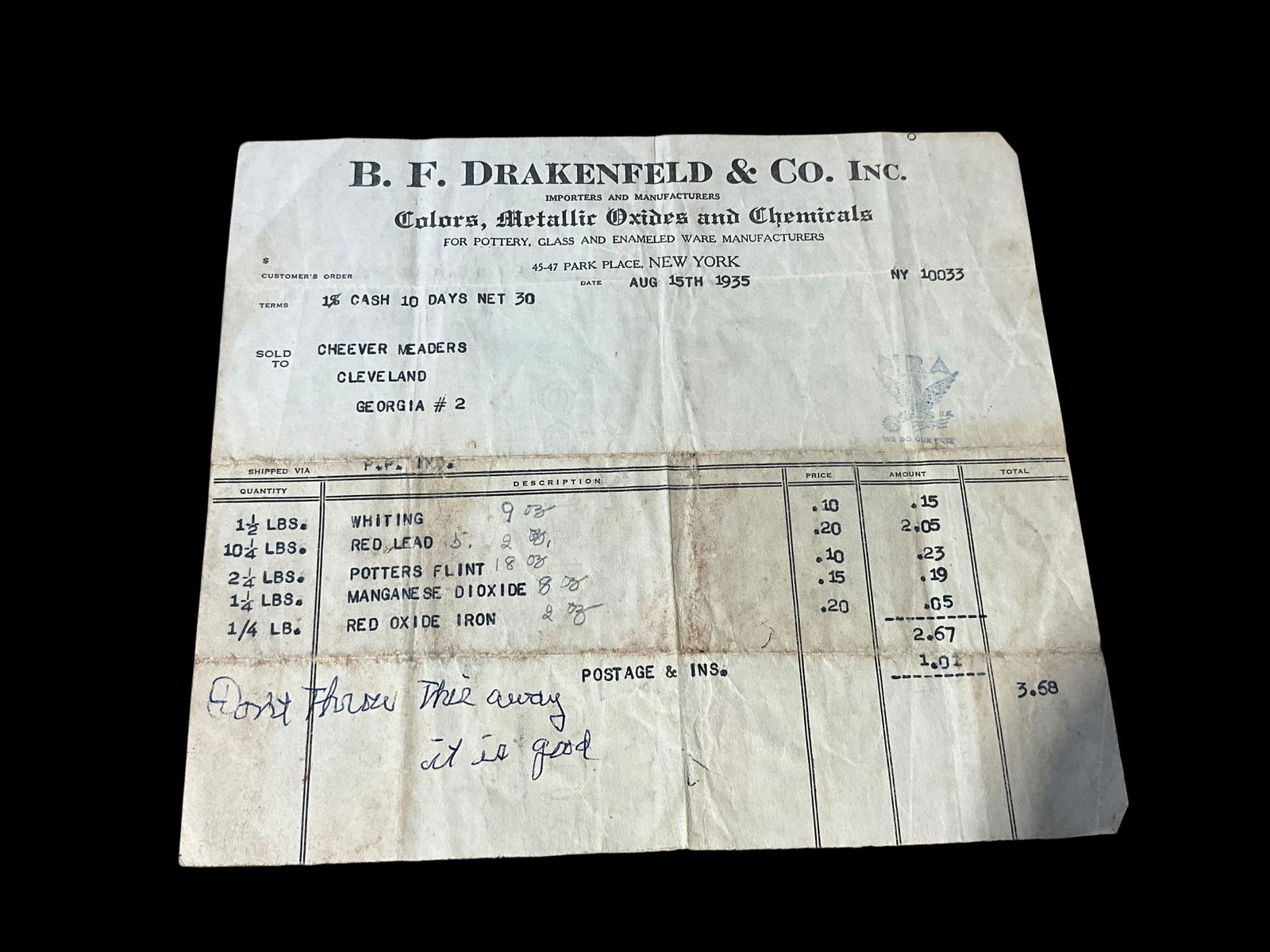 Early Cheever Meaders Receipt Dated 1935: An early receipt from B.F. Drakefeld & Co. Inc. addressed to Cheever Meaders and dated Aug 15th, 1935.