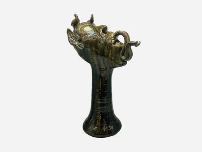 Monumental W.A. Flowers Devil Face on Pedestal: Mint condition. Personalized on body near base. Hard to make out all of the writing because of the glaze. Signed twice by Bill. Small flower decoration near base. Item stands 24.5 inches tall. 14 inch