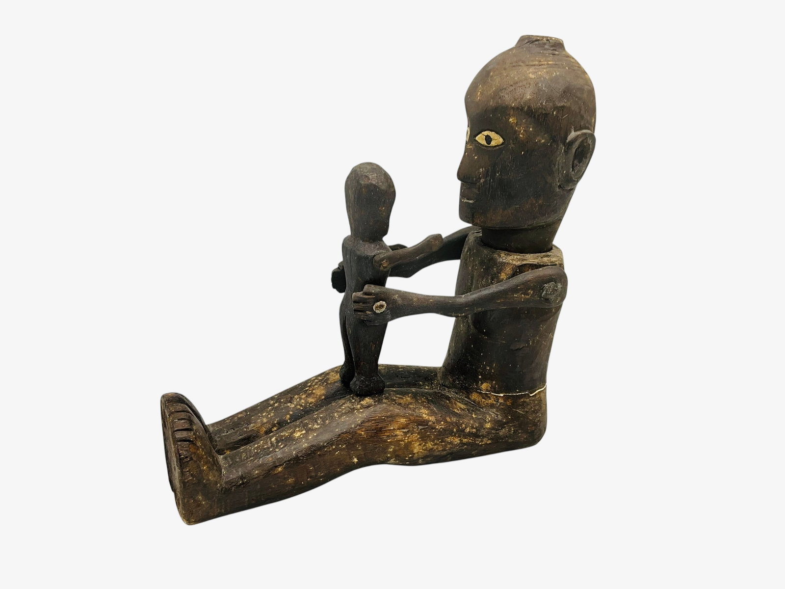 Large Wooden Carved Seated African Statue With Child: 10 1/2 inches wide x 12 inches tall. Swivel arms and hands. Stress crack from age.