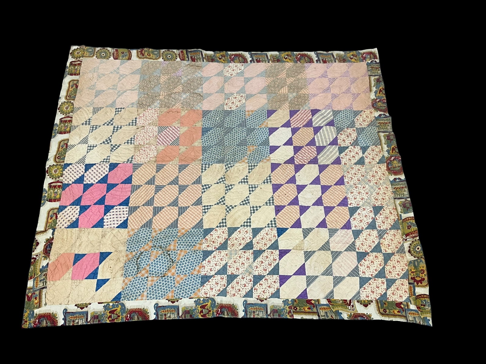 Hand Stitched Vintage Quilt: Measures 74 x 64 inches. A few small soiled spots. Needs cleaning. See photos for details.