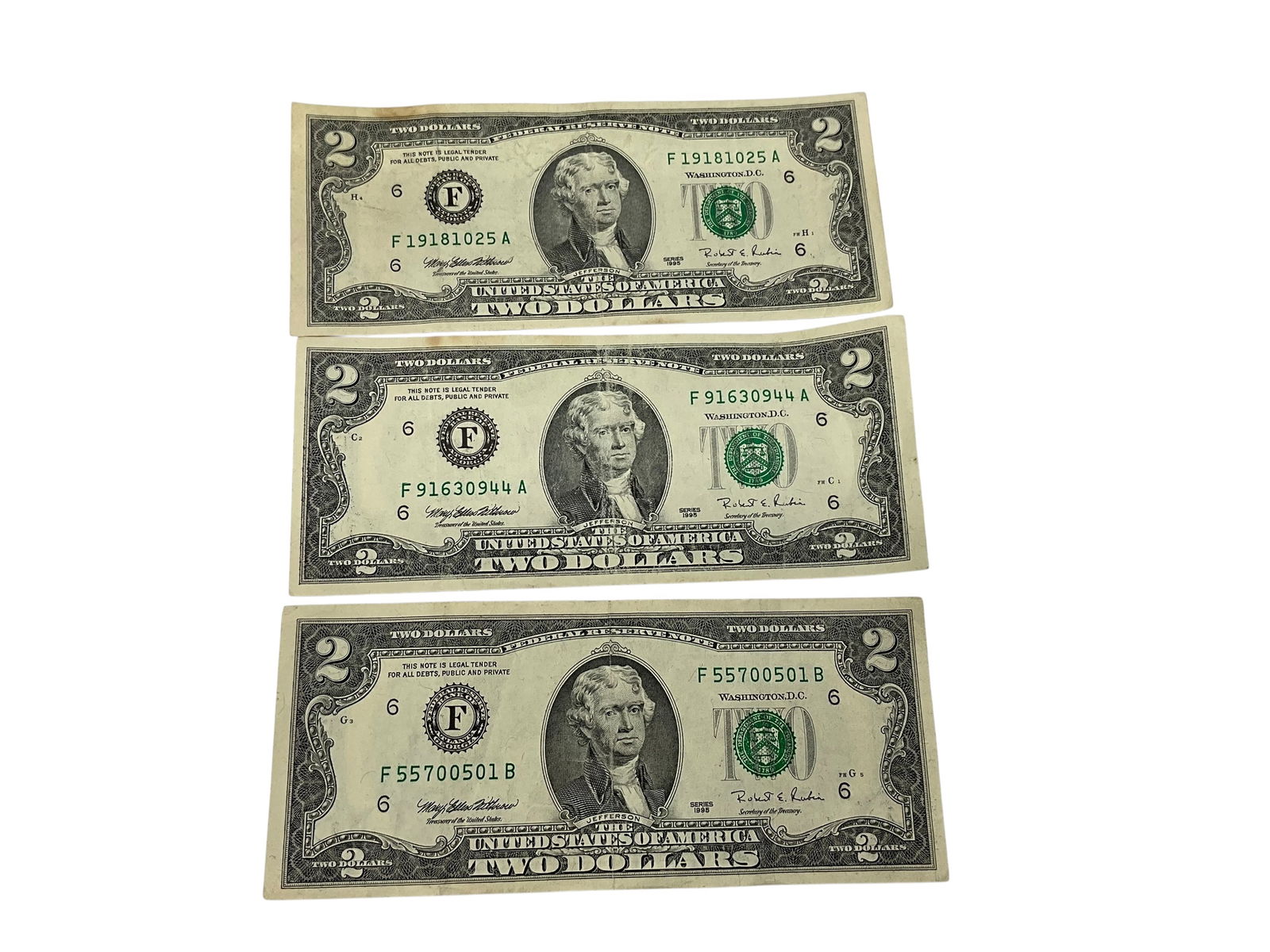 Lot Of 3 1995 Two Dollar Bills US Currency (1 of 2)