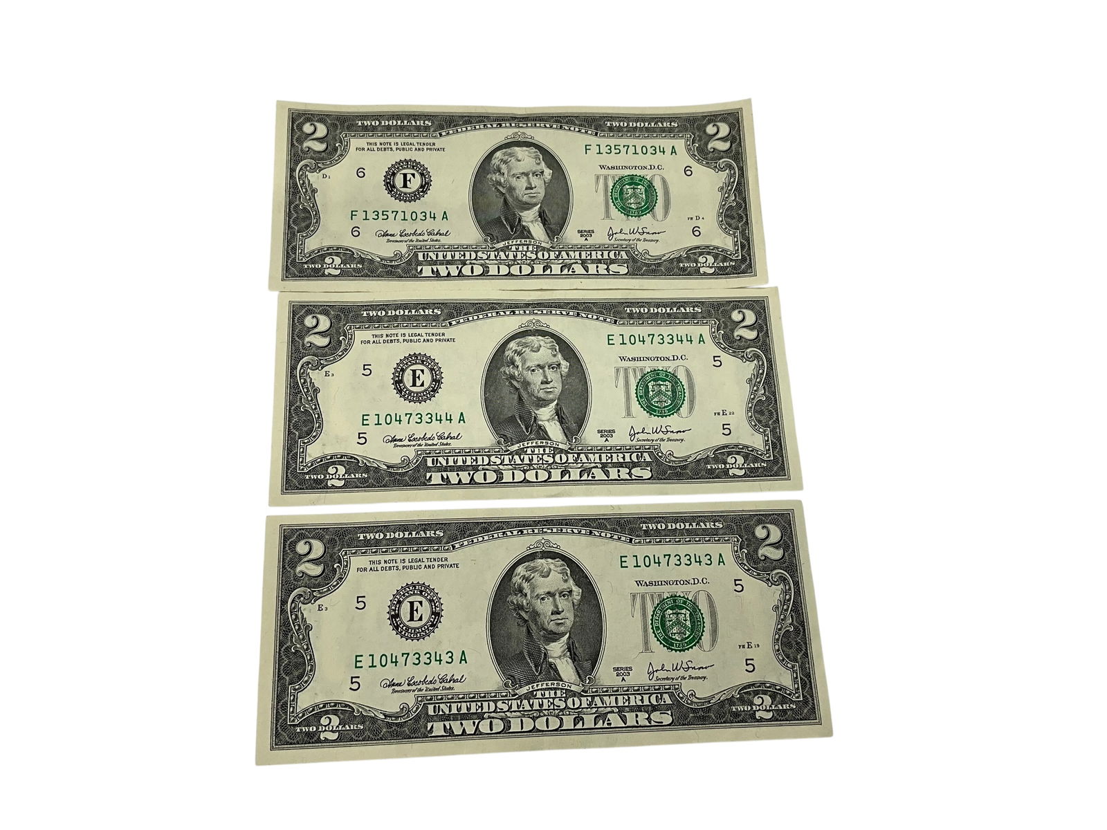 Lot Of 3 2003A Two Dollar Bills US Currency (1 of 2)