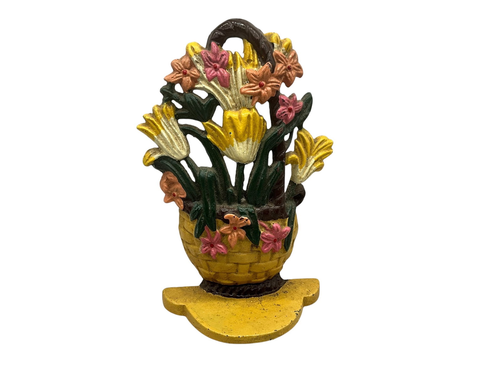 Vintage Flower Basket Cast Iron Door Stop: 5 1/2 inches wide x 9 inches tall.