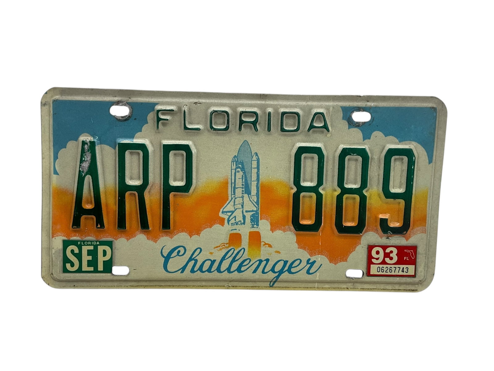 1993 Florida Challenger Auto License Plate Tag: Used condition. See photos.