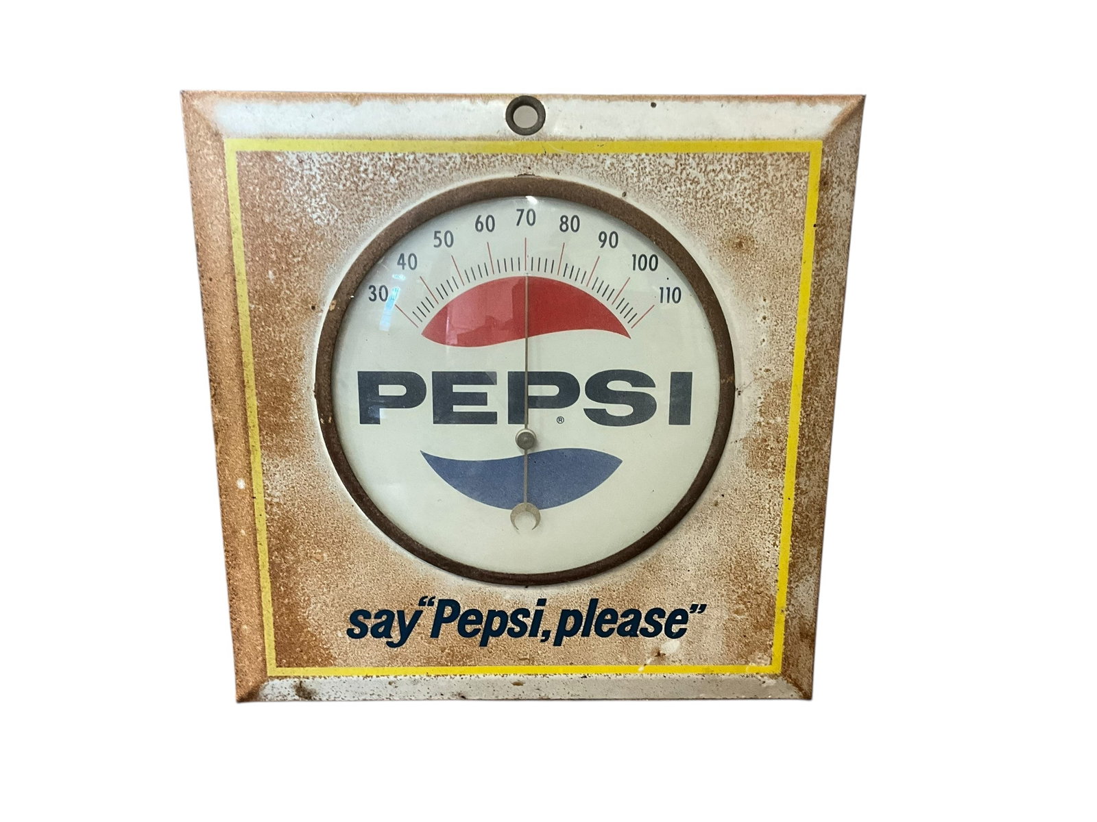 SAY PEPSI, PLEASE Metal Advertising Thermometer: 9 x 9 inches. Made By Permanent Sign & Display Co. See photos.