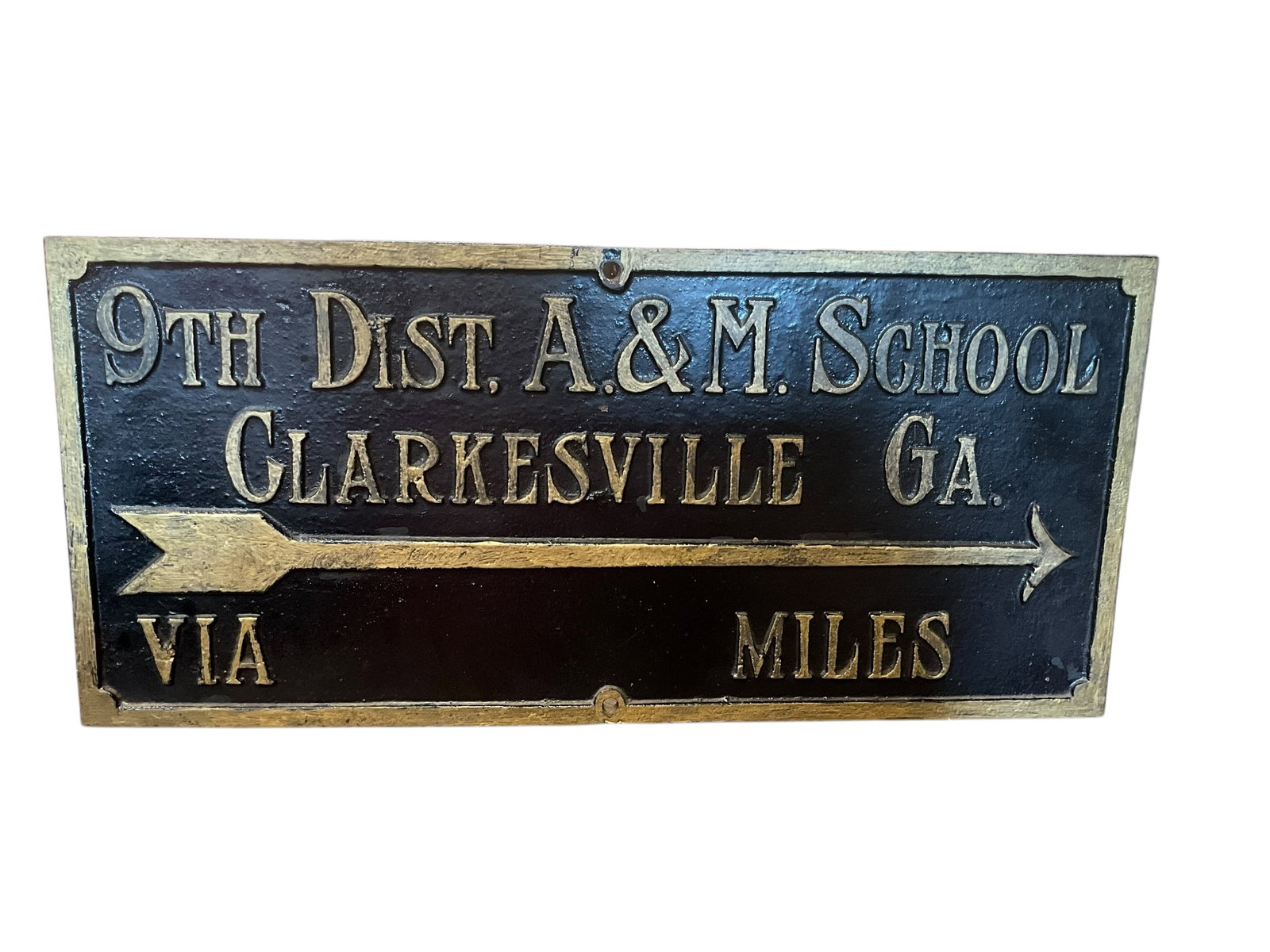 Early 1900’s A&M School Clarkesville Georgia Original Direction Sign: Original direction sign from old A&M School in Clarkesville Georgia. School closed in 1933. Very heavy steel sign weighing 25 pounds. Measures 24 x 11 inches. 1/2 inch thick. Awesome piece of history.