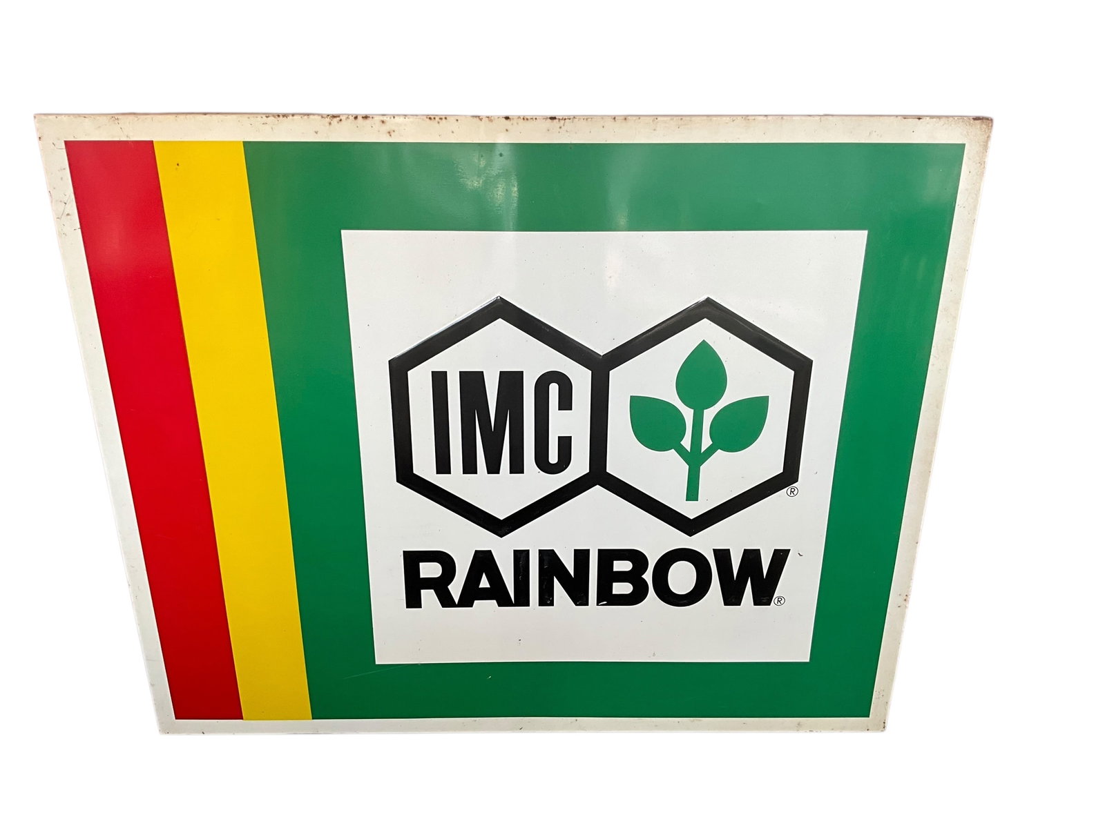 Large IMC Rainbow Fertilizer Metal Advertising Sign Over 4 Foot: Used condition. 54 x 44 inches. See photos. THIS SIGN IS NOT SHIPPABLE.NO IN HOUSE SHIPPING ON THIS ITEM. BUYER MUST PICK UP OR ARRANGE SHIPPING.