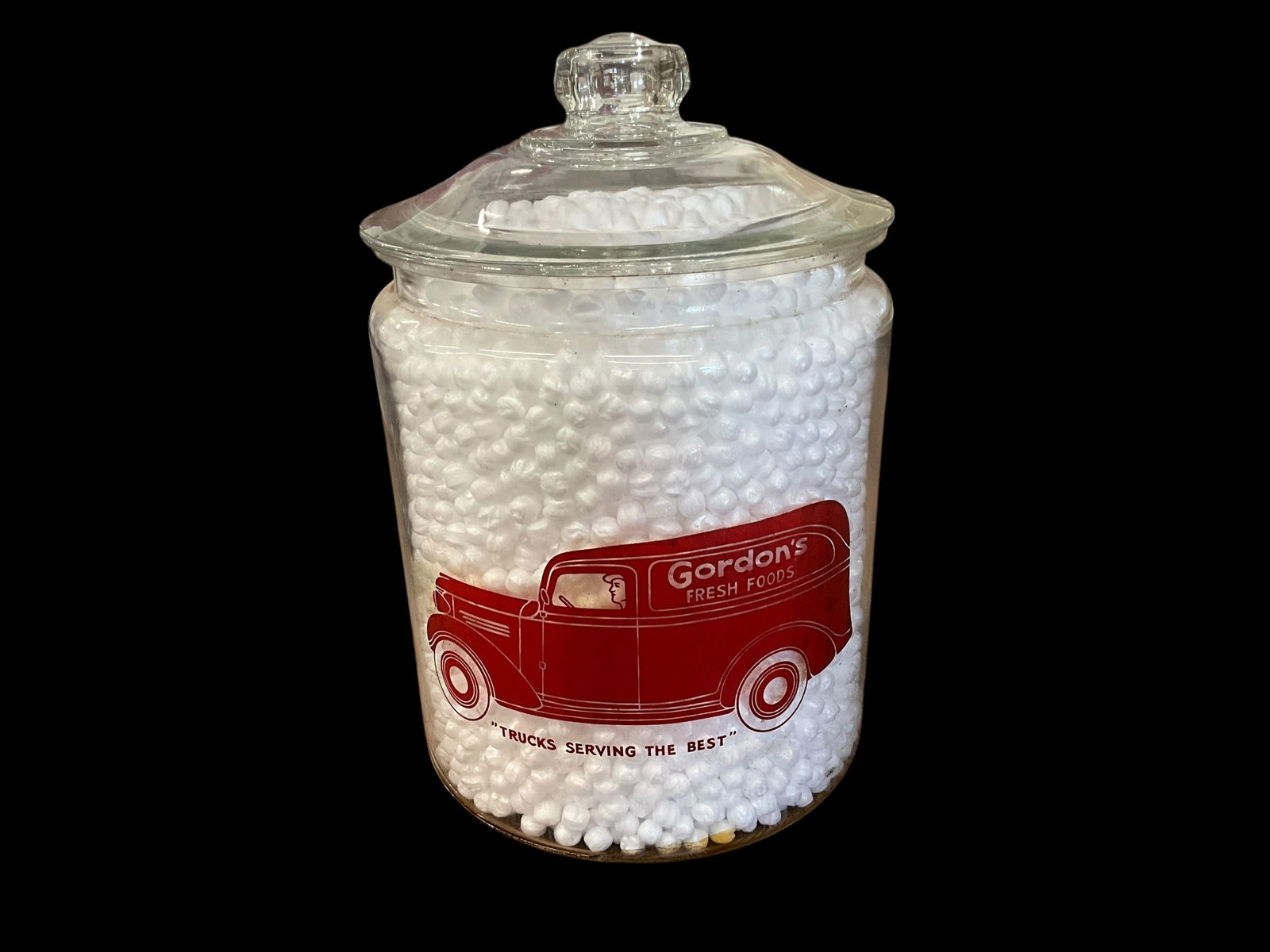 Vintage Gordon’s Fresh Foods Glass Jar With Lid: Good condition. 13 inches tall. See photos