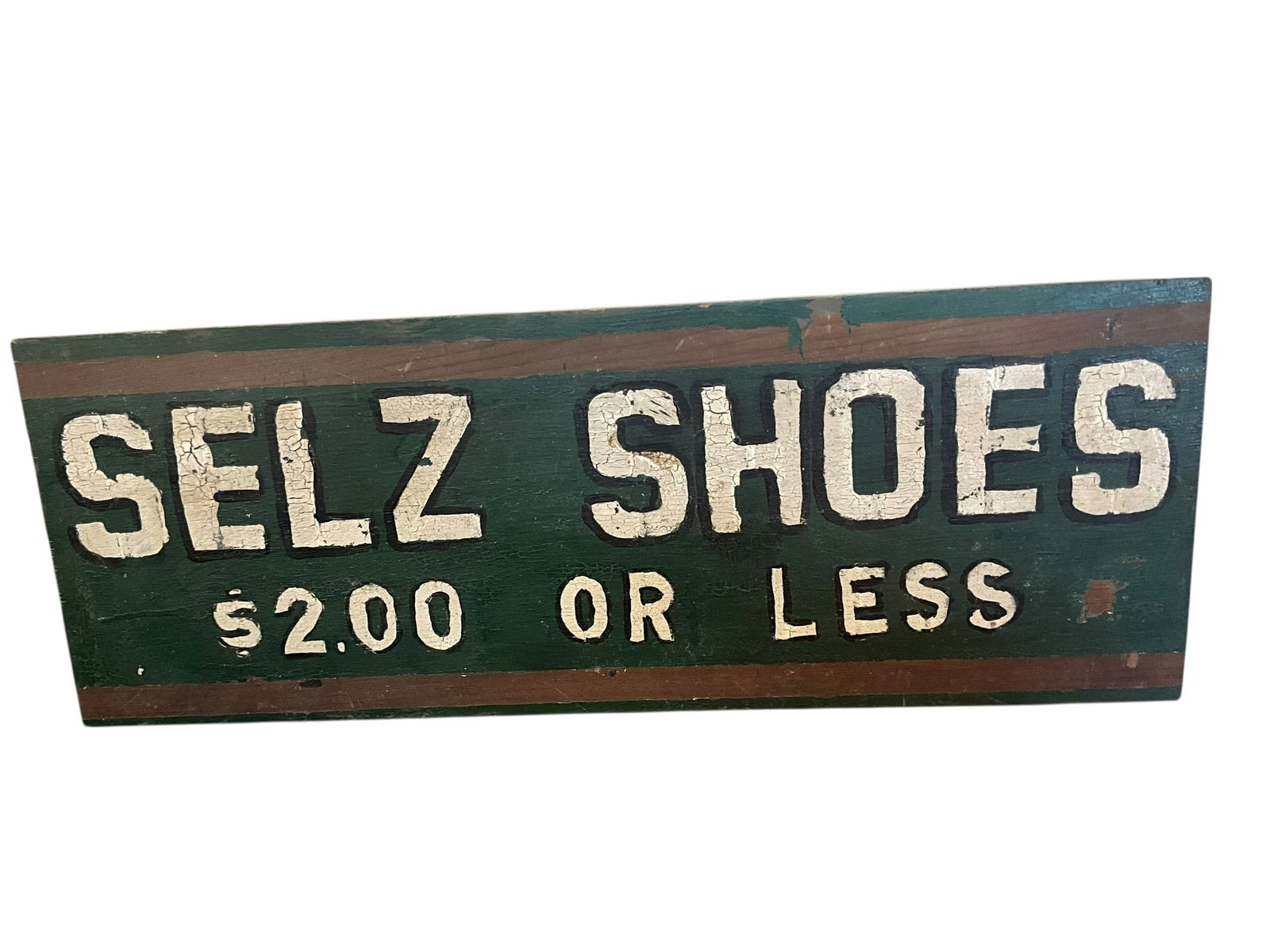 SELZ SHOES Wooden Handpainted Advertising Trade Sign: Used condition. 30 3/4 inches wide x 11 1/4 inches tall. 3/4 inch thick board. See photos.