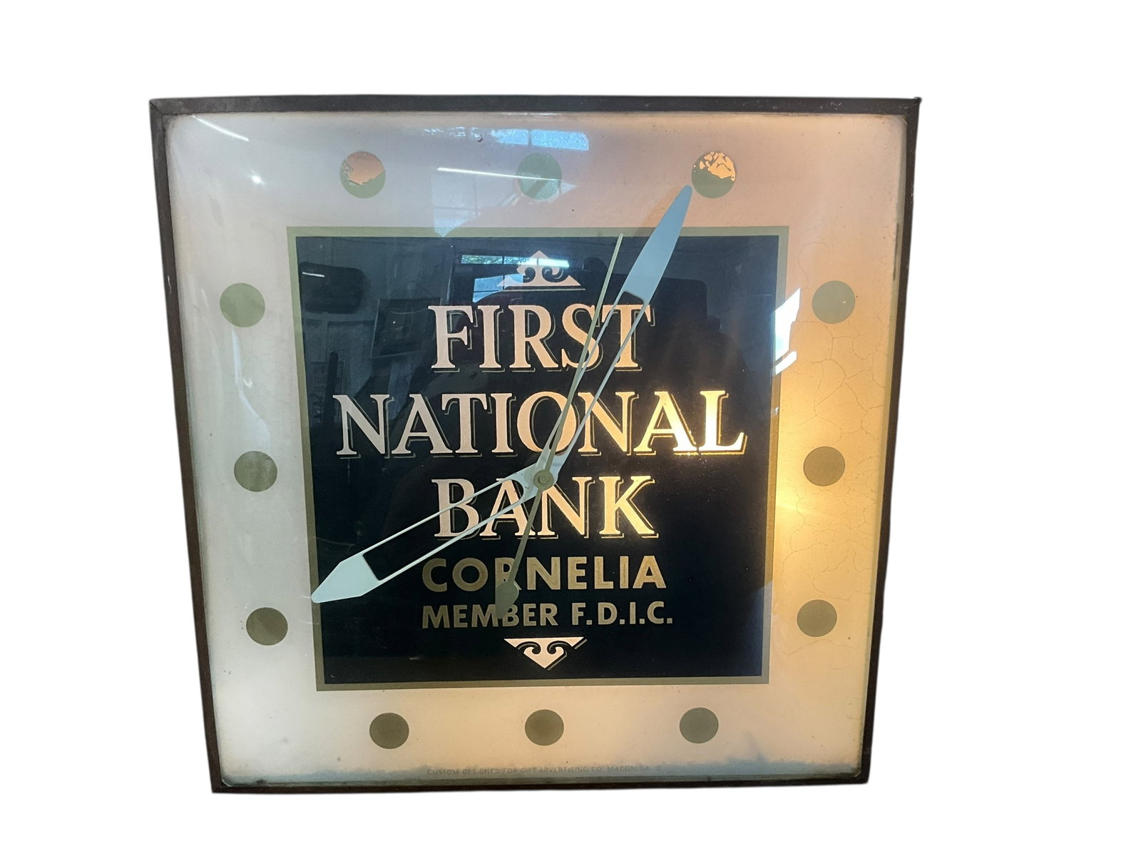 Vintage First National Bank Cornelia Georgia Pam Advertising Bubble Glass Clock: Used condition. Lights up and clock runs. 15 1/4 x 15 1/4 inches across. See photos.