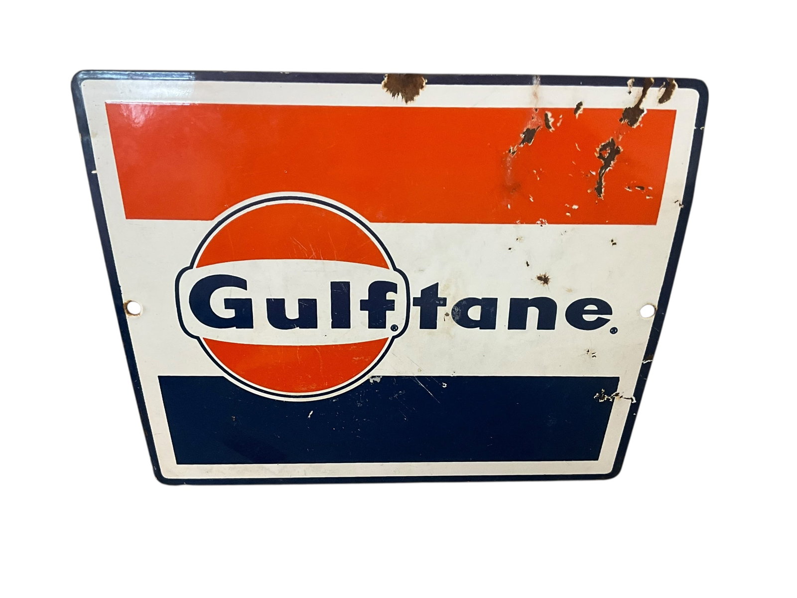 Original GULFTane Porcelain Sign: Vintage condition. Shows signs of usage. See photos. Measures 11 3/8 inches wide across top x 8 1/2 inches tall.