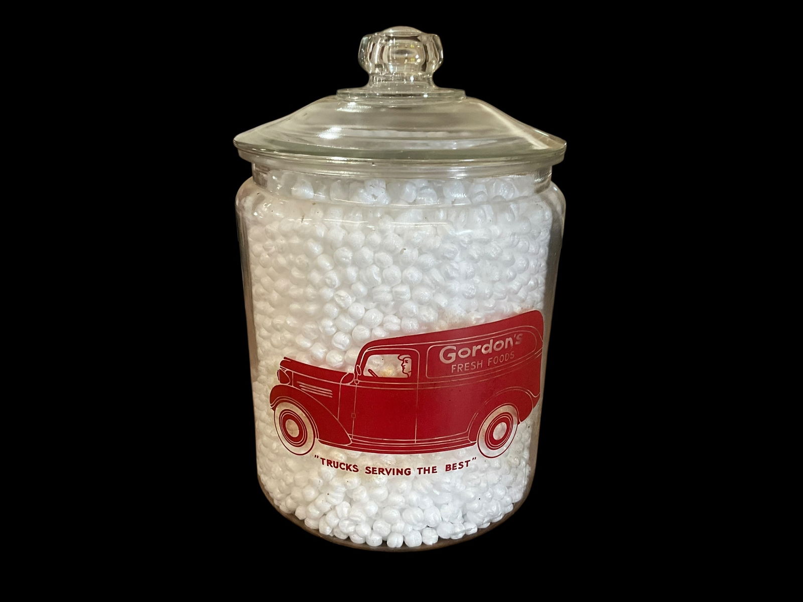 Large GORDON’S FRESH FOODS Glass Jar: Good condition. No damage.Measures 13 inches tall x 9 inches wide. Needs cleaning. See photos.