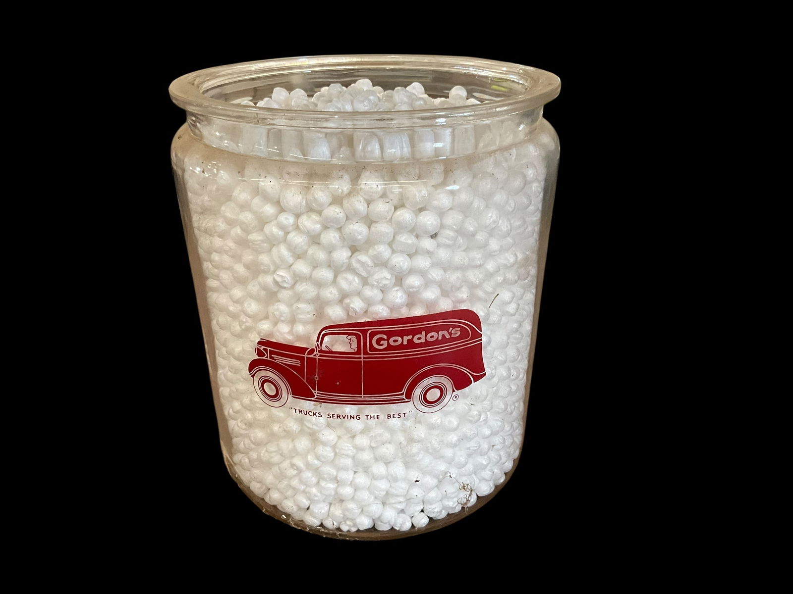 Large GORDON’S Glass Jar / No Lid: Chip on rim. Measures 10 1/2 inches tall x 9 inches wide. Needs good cleaning. No lid. See photos.